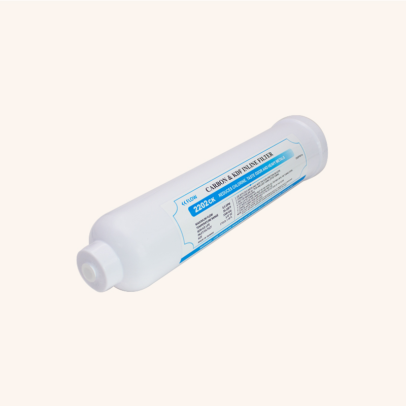 White cylindrical inline water filter cartridge with blue labeling